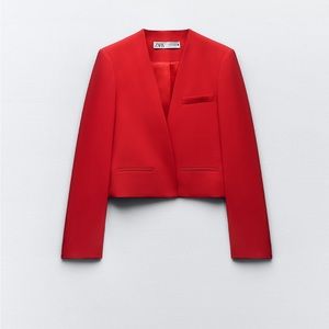 Zara collarless cropped red blazer